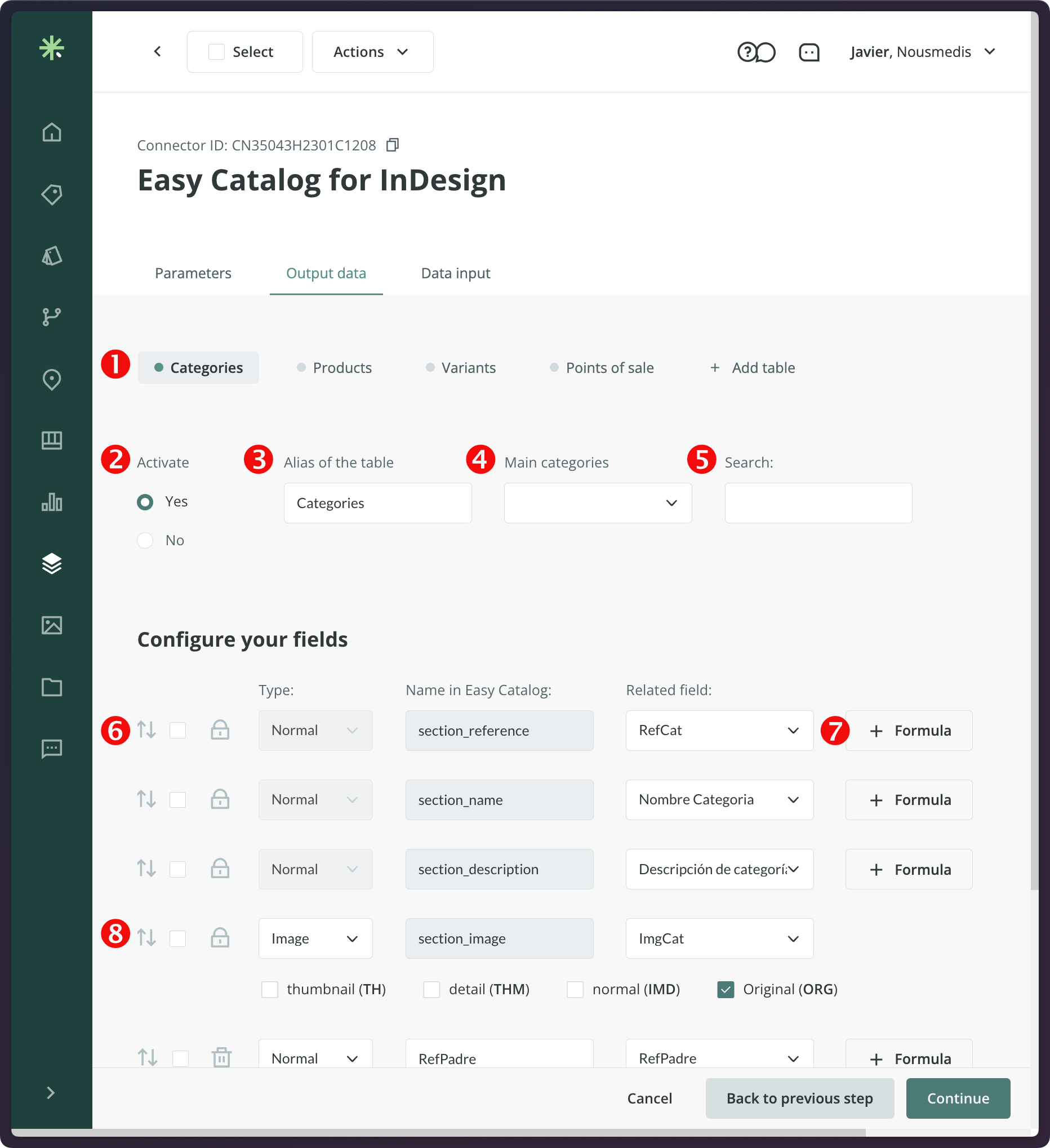 Sales Layer EasyCatalog connector output data tab